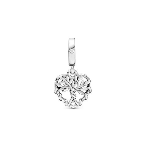 Sterling silver Tree of Life charm in heart shape with "FAMILY FOREVER" engraved on the bale.