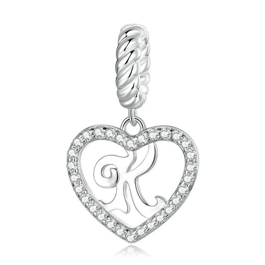 Silver Heart Letter K Charm
