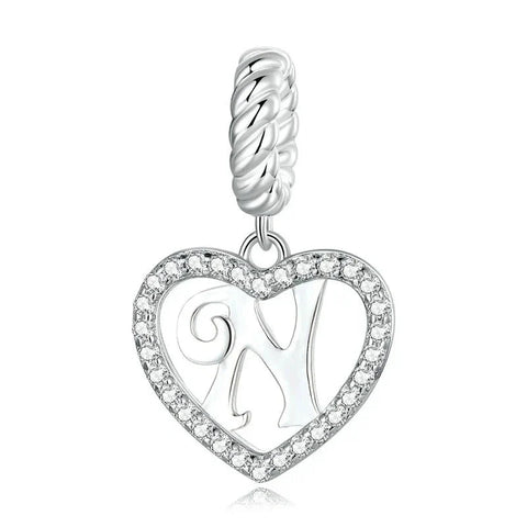 Silver Heart Letter N Charm