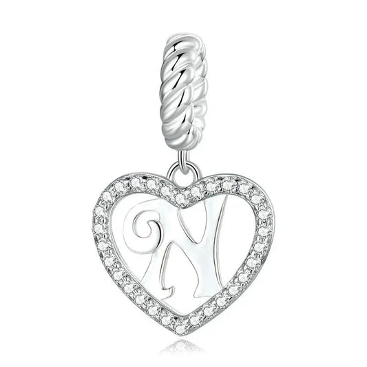 Silver Heart Letter N Charm