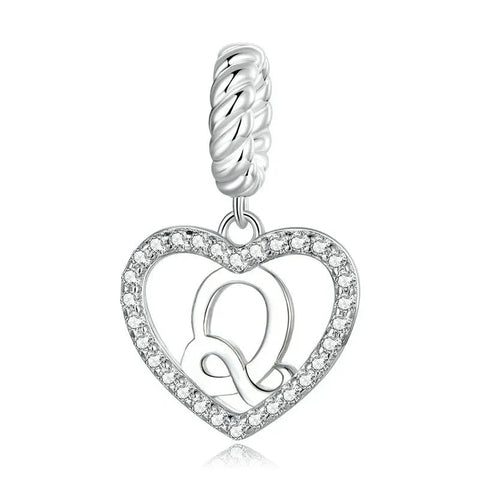 Silver Heart Letter Q Charm - Silver Heart Letter Q Charm