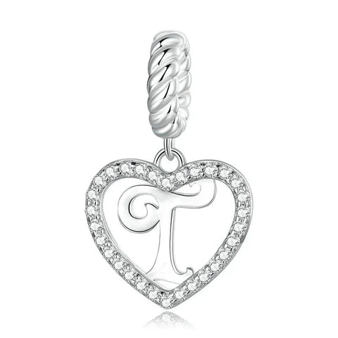 Silver Heart Letter T Charm