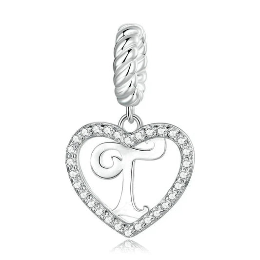 Silver Heart Letter T Charm