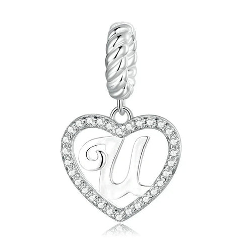 Silver Heart Letter U Charm - Silver Heart Letter U Charm