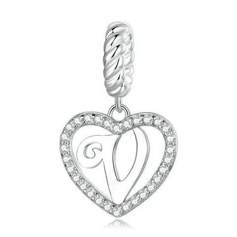 Silver Heart Letter V Charm