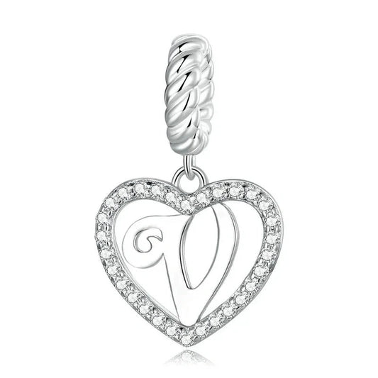Silver Heart Letter V Charm
