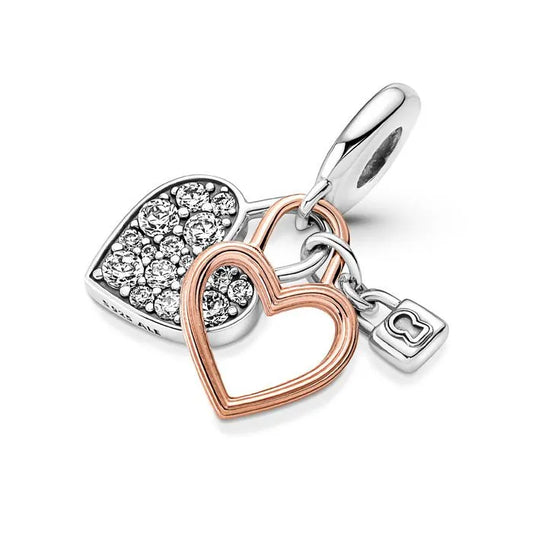 Heart padlock double dangle charm in Pandora Rose, a symbolic accessory representing love and security