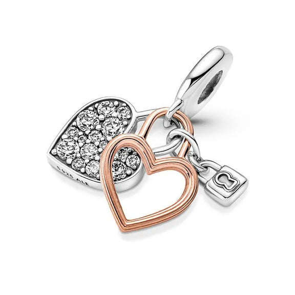 Heart Padlock Double Dangle Charm - Pandora Rose - Heart padlock double dangle charm in Pandora Rose, a symbolic accessory representing love and security