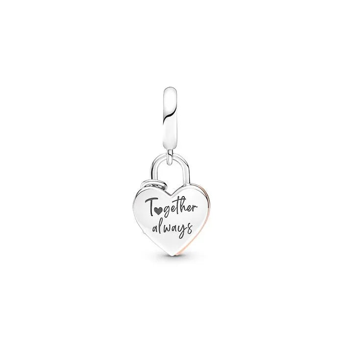 Double dangle heart padlock charm in Pandora Rose, perfect for a romantic addition