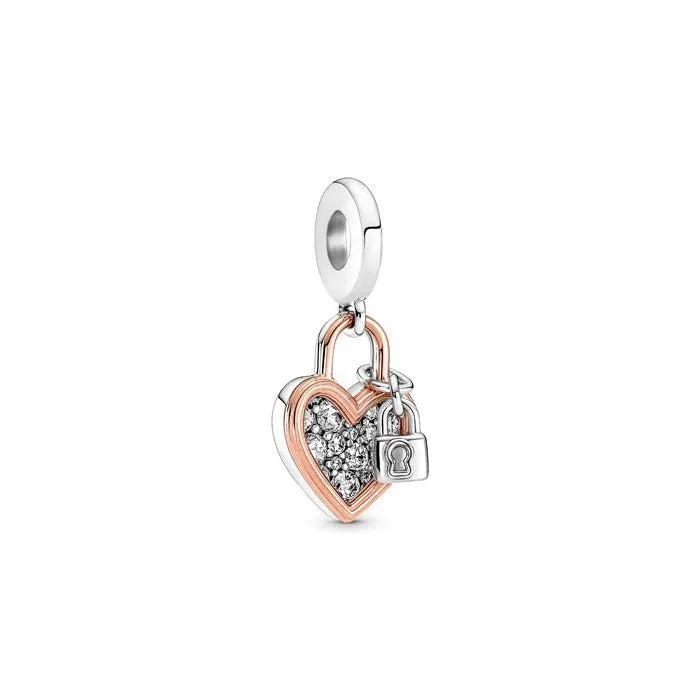 Pandora Rose heart padlock charm, symbolizes love and connection on charm bracelets