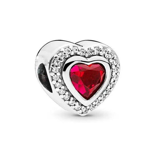 Elegant Heart Charm with Red Stone in Sterling Silver