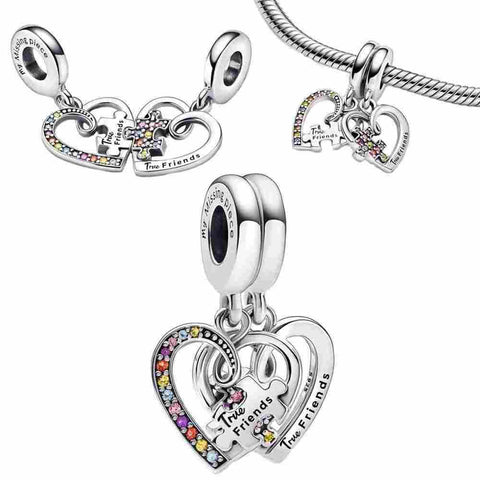 Heart and Family Charm Bracelet in Silver Plating - Silver charm with 'True Friends' text and colorful stones on a white background