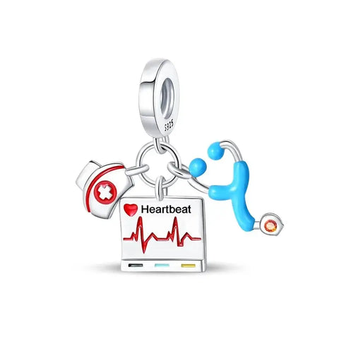 Heartbeat & Nurse Hat Dangle Pendant Charm