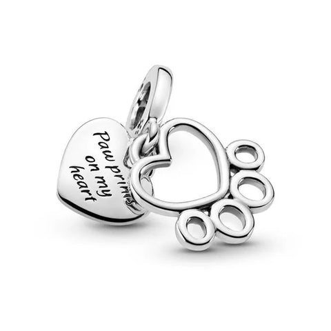Hearts & Paw Print Silver Dangle Charm - Hearts & Paw Print Silver Dangle Charm