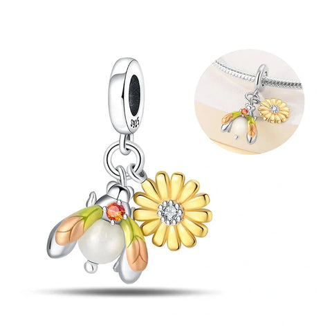 Honeybee and Sunflower Charm with Colorful Enamel - Sterling silver charm featuring a honeybee with colorful enamel wings and a golden sunflower with a crystal center.