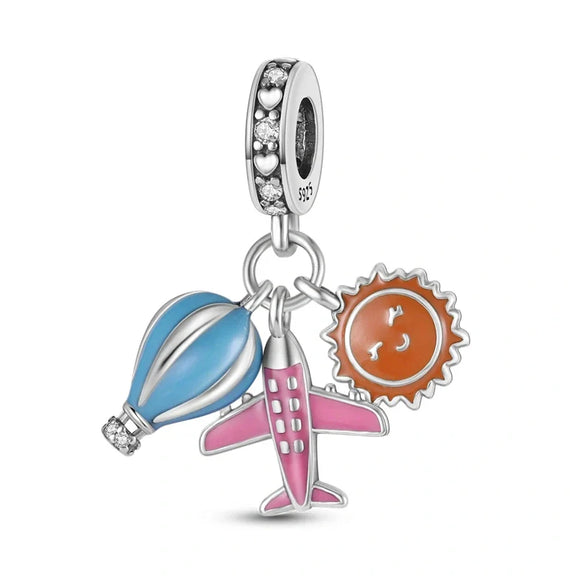 Hot Air Balloon, Airplane & Sun Sterling Silver Travel Charm - Sterling silver charm with a blue hot air balloon, pink airplane, and orange sun, perfect for travel lovers.