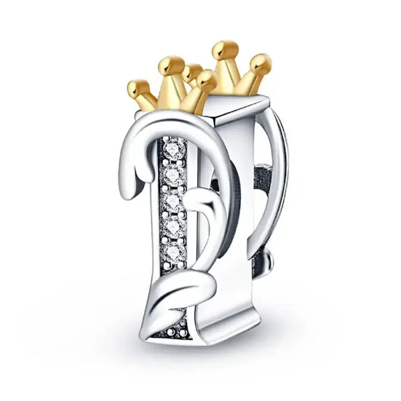 I Letter Gold Crown charm letter - I Silver charm letter with gold Crown for pandora bracelets