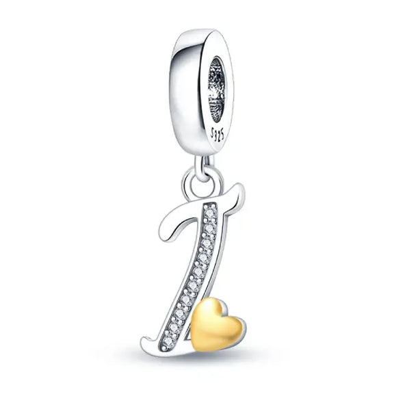 Silver letter I charm Gold heart - italic Letter I Charm