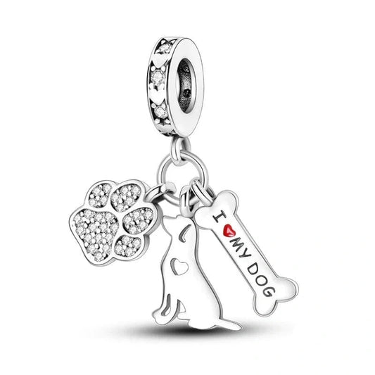 I Love my Dog Silver Paw Bone Charm