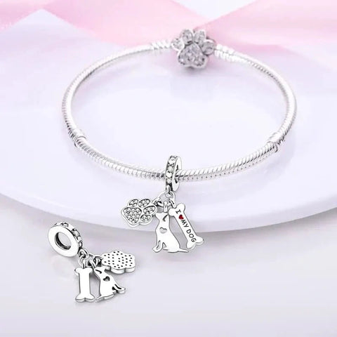 I Love my Dog Silver Paw Bone Charm