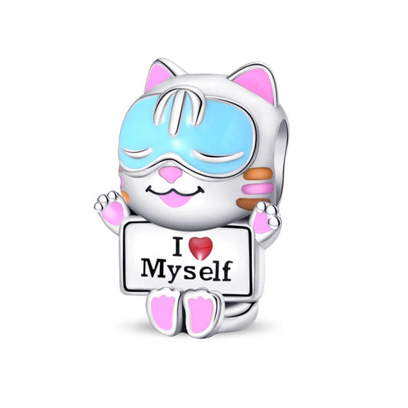 I Love Myself Cat Charm Featuring Blue Glasses and Playful Design - I love myself cat charm with blue glasses, holding a sign of self-love.