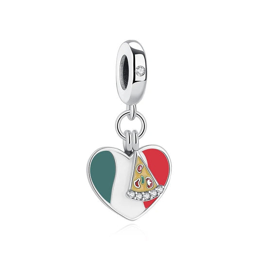 A silver clip-on charm shaped like a heart with green, white, and red Italian flag enamel and a small pizza slice charm with crystal accents hanging from a bracelet bail