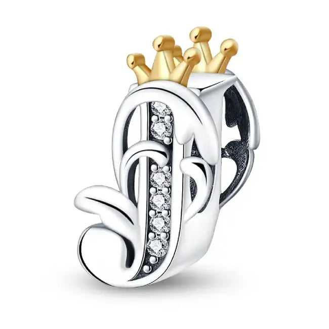 J Silver charm letter with gold Crown for pandora bracelets