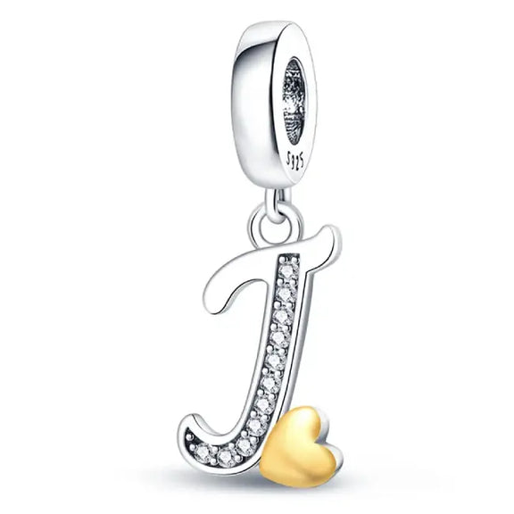 Silver letter J charm Gold heart - italic Letter J Charm