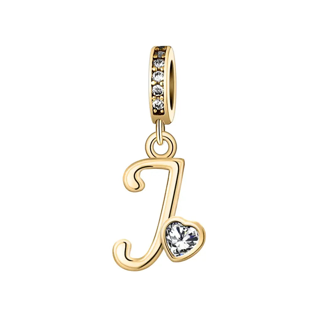 Gold J Letter Charm with pendant crystal Heart