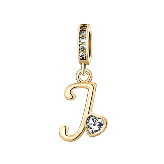 Gold J Letter Charm with pendant crystal Heart - Gold J Letter Charm with pendant crystal Heart