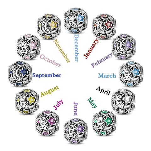 Silver charm beads representing months.