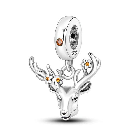 Sterling Silver Christmas Charm with Reindeer Head & Flowers