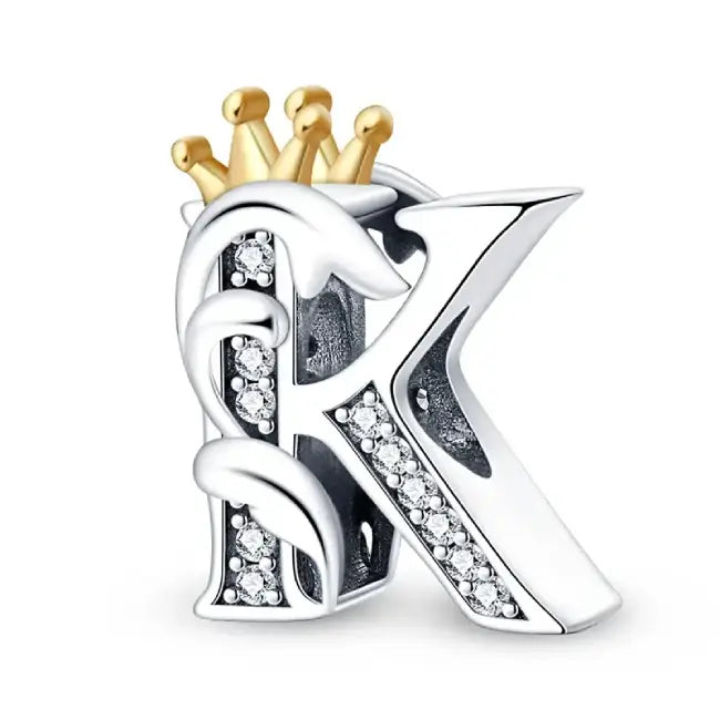 K Silver charm letter with gold Crown for pandora bracelets