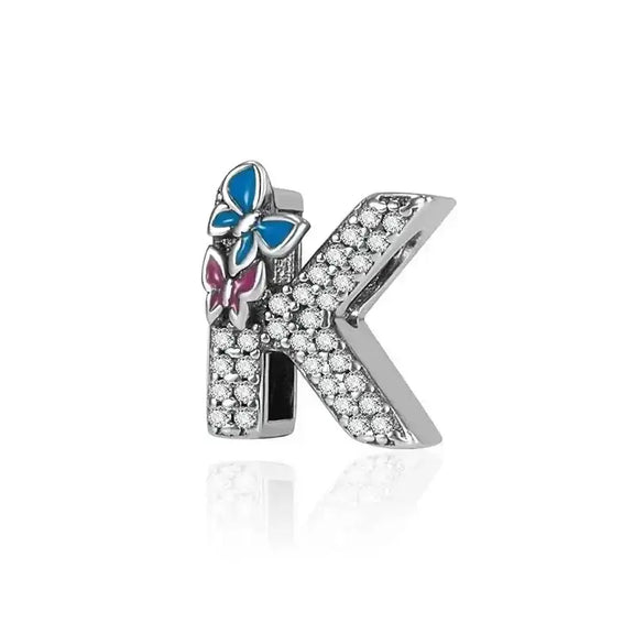 butterfly silver letter K charm - butterfly with Letter K Charm