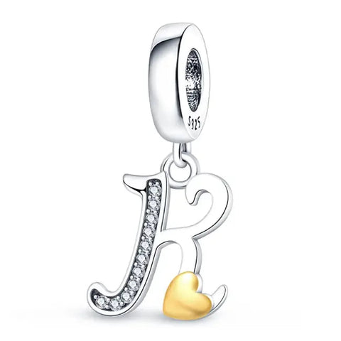 Silver letter K charm Gold heart - Silver letter K charm Gold heart
