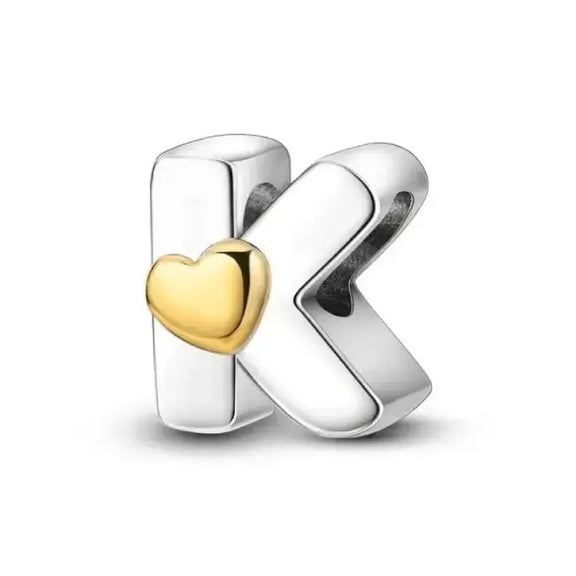 K Letter Gold Heart charm letter - K Silver charm letter with gold heart for pandora bracelets