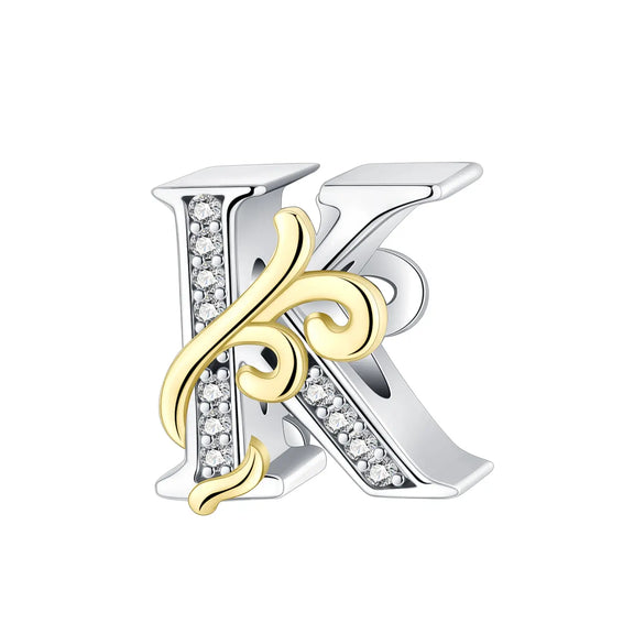 Dual-Tone Gold and Silver K Letter Charm with Crystal Accents - Gold and silver K Letter Charm for pandora bracelet