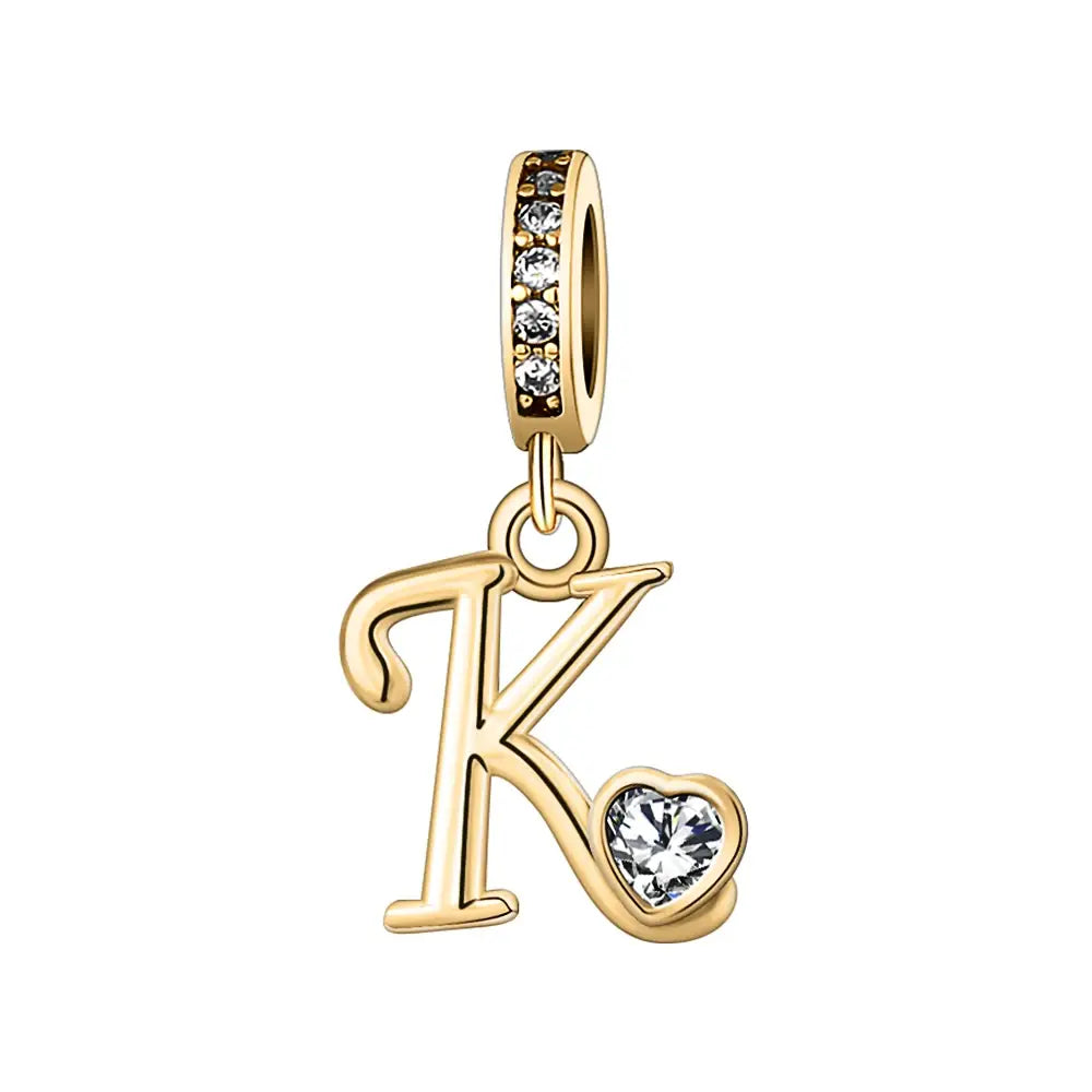 Gold K Letter Charm with pendant crystal Heart