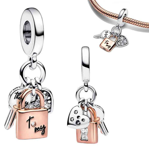 Key, Padlock & Heart Triple Dangle Charm - Pandora Rose - Rose gold and silver key and lock charm, perfect for special occasions or everyday elegance.