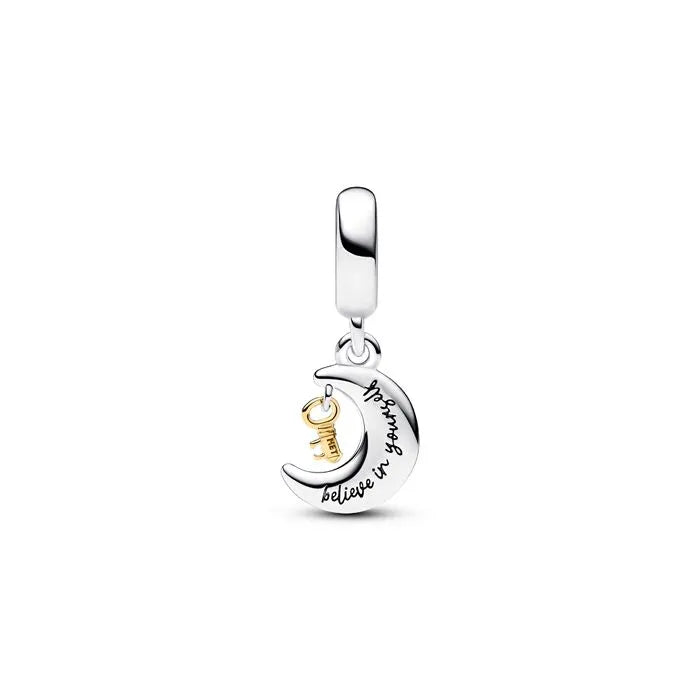 Key and moon dangle charm in Pandora Shine, a celestial and symbolic addition to charm bracelets