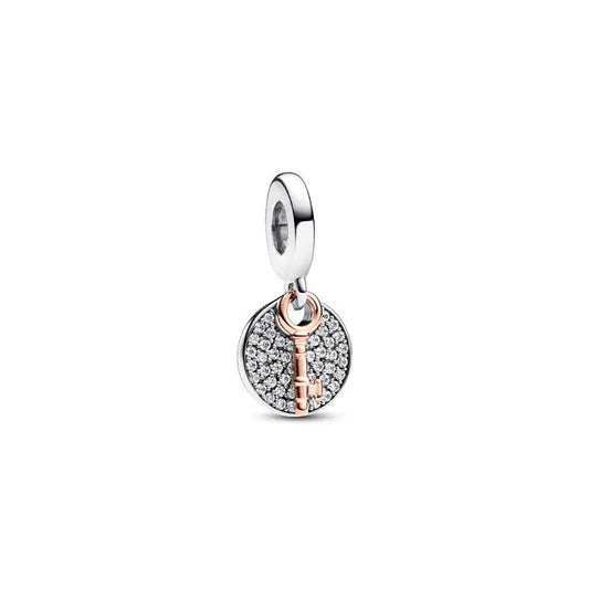 Pandora Rose double dangle charm with key to happiness design, a meaningful accessory