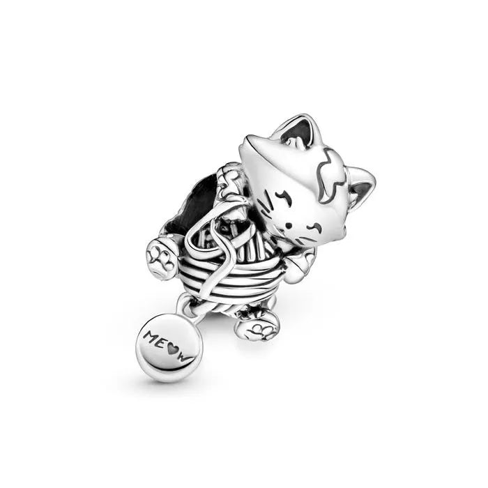 Kitten with yarn ball charm, a playful accessory perfect for animal lovers on charm bracelets