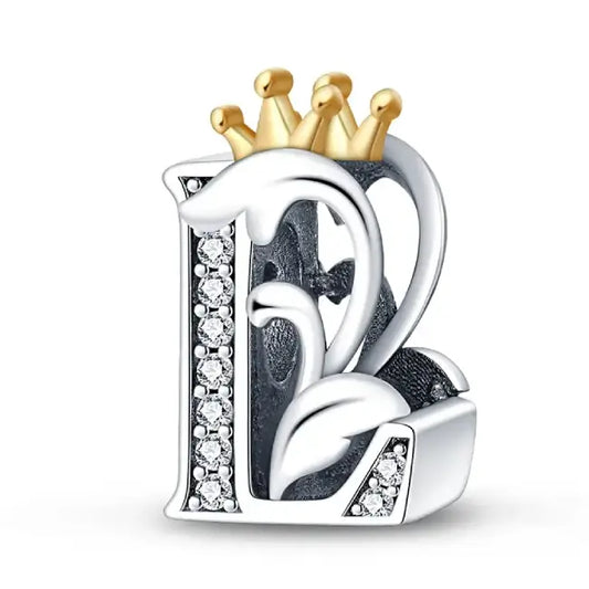 L Silver charm letter with gold Crown for pandora bracelets