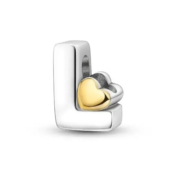 L Letter Gold Heart charm letter - L Silver charm letter with gold heart for pandora bracelets