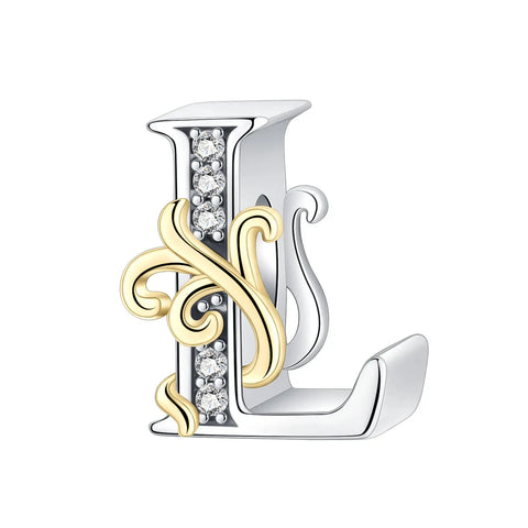 Dual-Tone Gold and Silver L Letter Charm with Crystal Accents - Gold and silver L Letter Charm for pandora bracelet