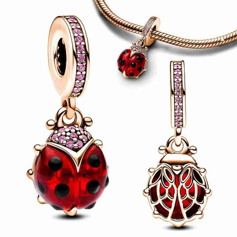 Rose Gold Ladybug Charm with Pink Crystals - Rose gold ladybug charm with pink crystals, perfect for bracelets or necklaces.
