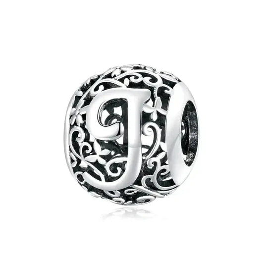 Silver Letter J Round Bead