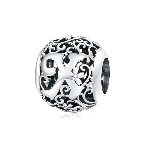 Silver Letter X Round Bead - Silver Letter X Round Bead