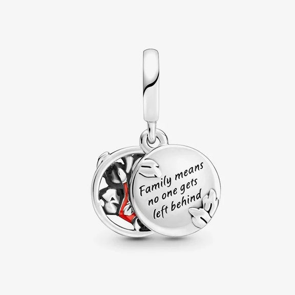 Disney, Lilo & Stitch Family Dangle Charm - Back view of a Lilo and Stitch silver charm with the engraved message 'Family means no one gets left behind.