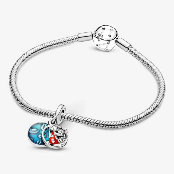 Disney, Lilo & Stitch Family Dangle Charm - Silver bracelet with a Lilo and Stitch charm attached, featuring a blue enamel design and Lilo hugging Stitch.